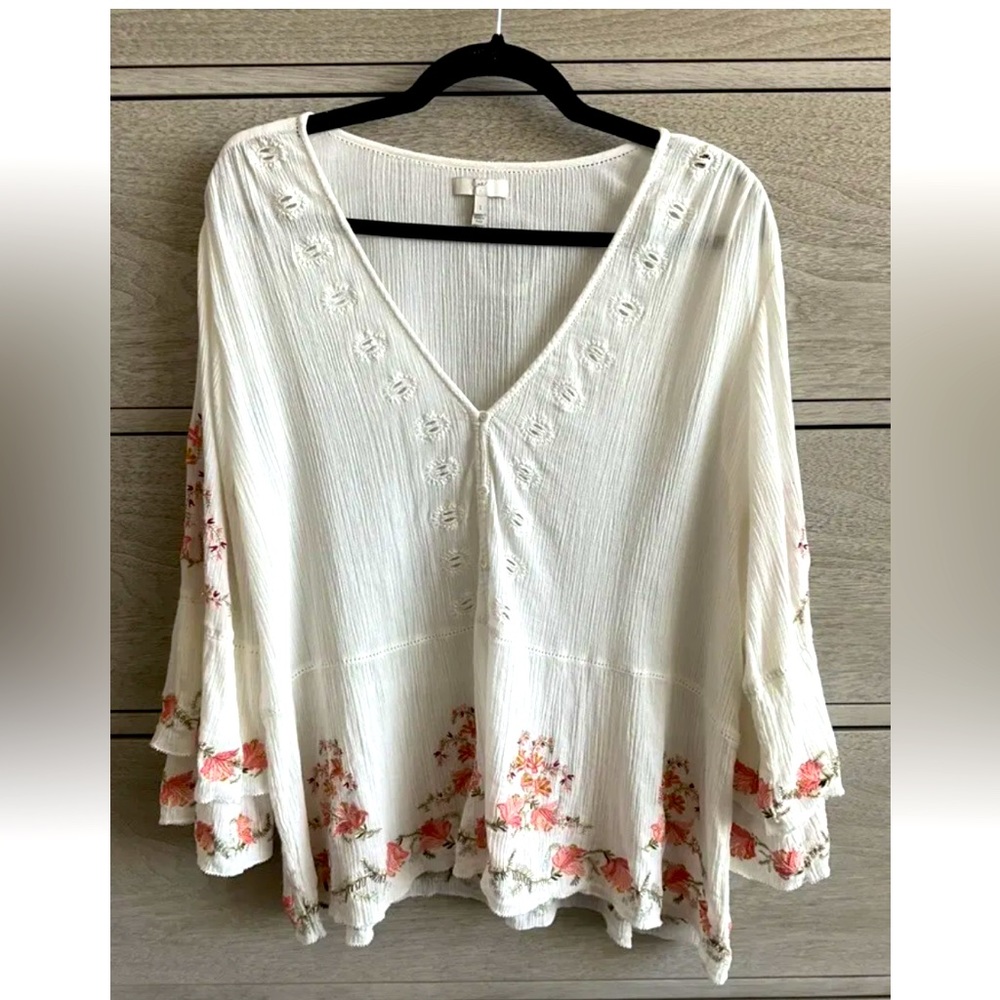 Joie Women's Kamile Embroidered Blouse 3/4 Sleeve Porcelain Large